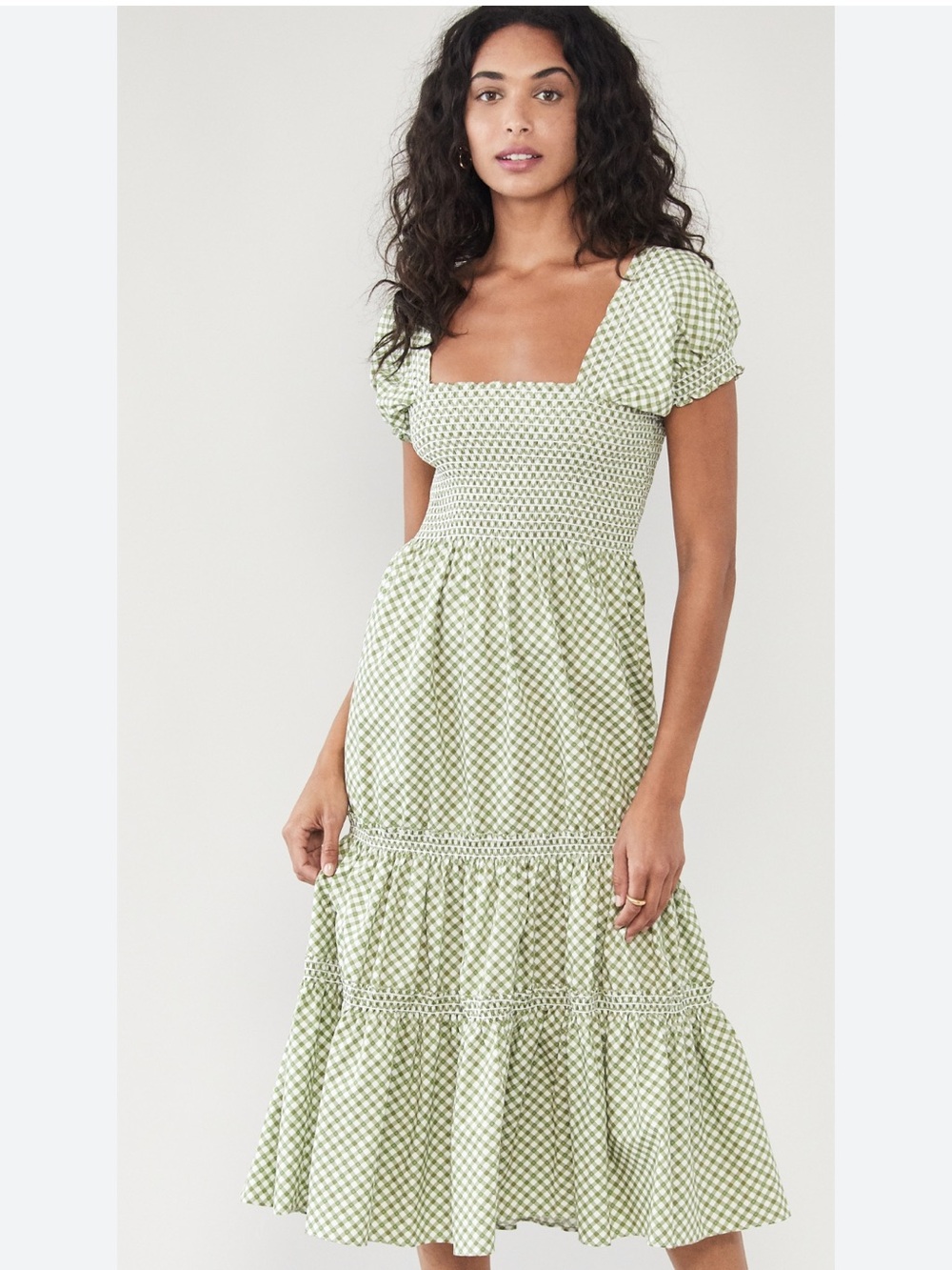 OPT Square Neck Smocked Gingham Print Maxi Dress Green & White Size M